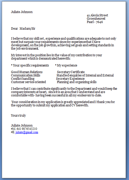 Cover letter for secretarial school position
